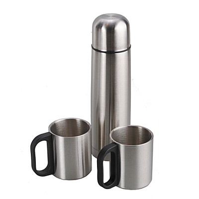 HAPPY OUTING set of thermos and 2 thermo cups in shoulder bag, silver/black